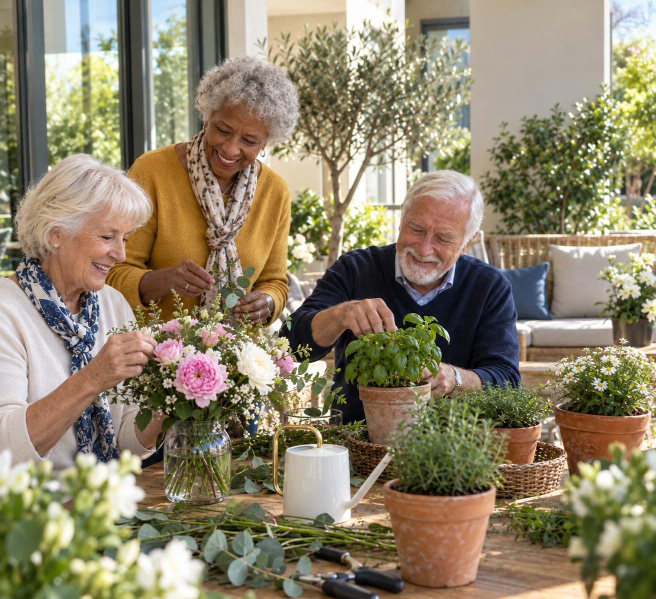 Moment de convivialité entre seniors dans un jardin